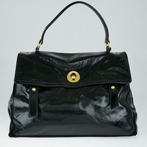 YSL double muse bag; black patent w/ suede lining